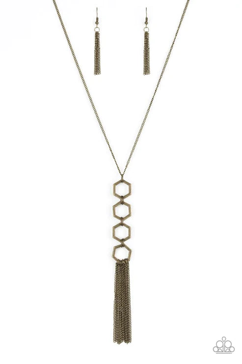 Ready, Set, GEO! - Brass Hexagon Tassel Necklace N#4079