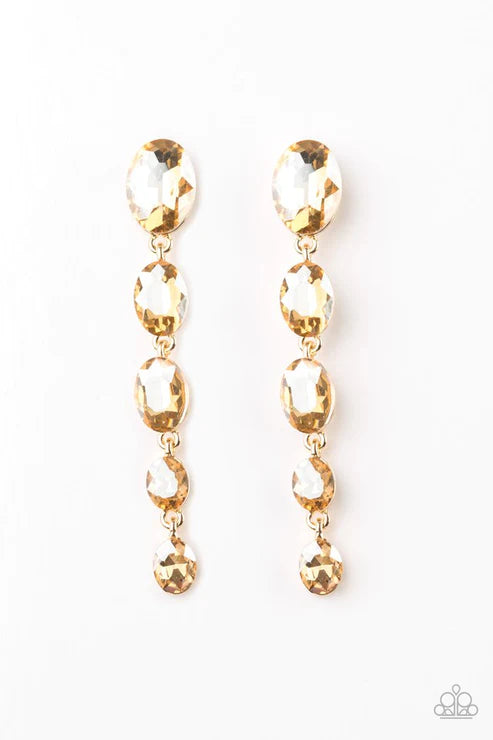 Red Carpet Radiance - Oversized Gold (Golden) Gem Trickle Teardrop Earrings E#2895