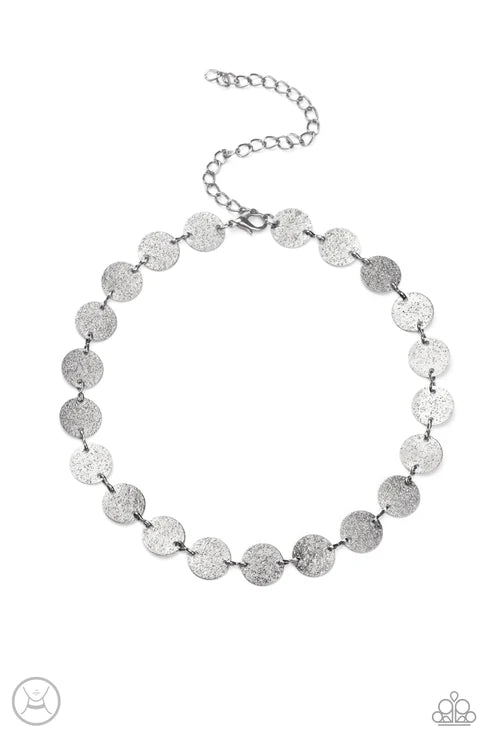 Reflection Detection - Black Shimmer Hammered Disc Choker Necklace N#4438