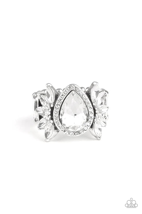 Regal Regalia - Oversized White Teardrop Encrusted Nestled Duo Silver Frames Radiating Fans Marquise-Style Ring R#1897