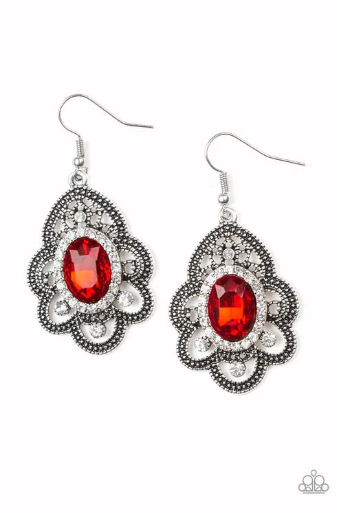 Reign Supreme - Red/White Studded Encrusted Petal Flared Earrings E#2844