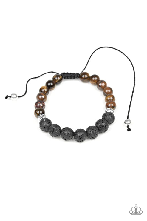 Relaxation - Brown Tiger Eye Stone/Lava Rock Ornate Accent Adjustable Sliding Knot Closure Urban Bracelet B#3621