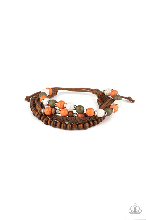 Renewable Energy - Multi (White/Green/Orange) Braided Suede Wood/Stone Accent Adjustable Sliding Knot Closure Bracelet Stack B#2797