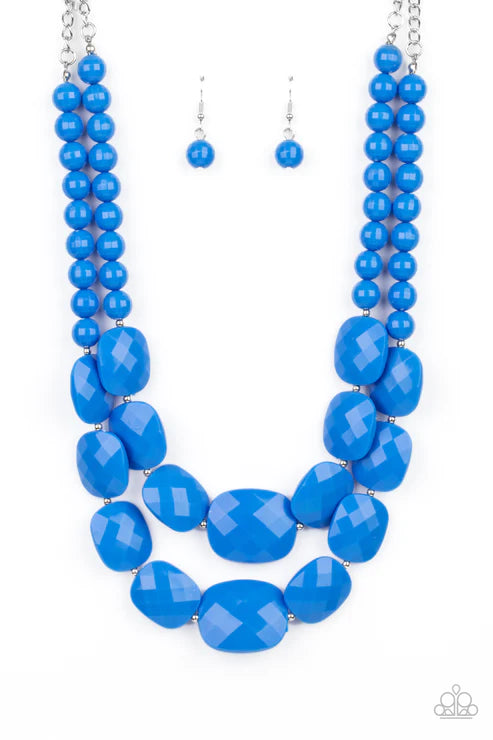 Resort Ready - Oversized French Blue Square Faceted Flattened Asymmetrical Necklace N#3208