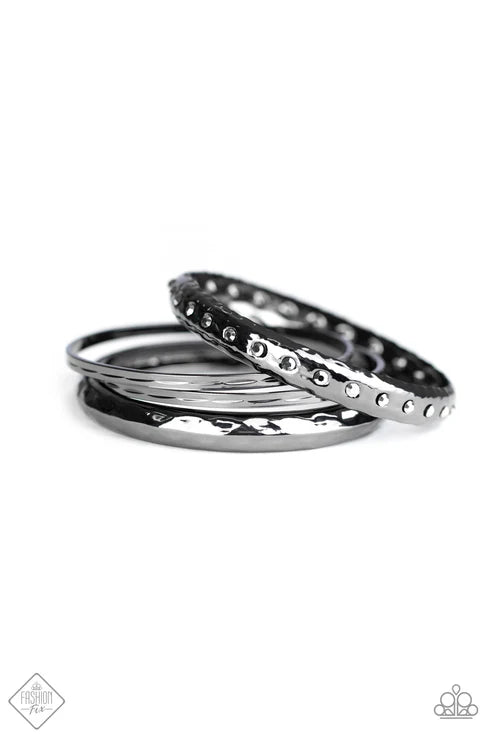 Revved Up Rhinestones - Black Hammered Textured Bangle Bracelet Stack B#6745