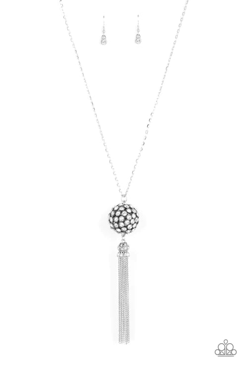 Rhinestone Revolution - Oversized White Dotted/Studded Capped Encrusted Ball Tassel Stream Necklace N#5967