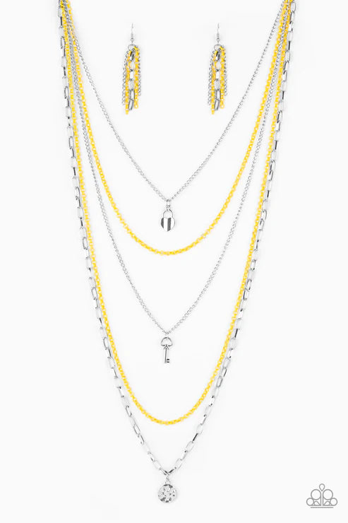 Right On Key - Oversized Yellow/Silver Heart/Key Charm Necklace N#6255