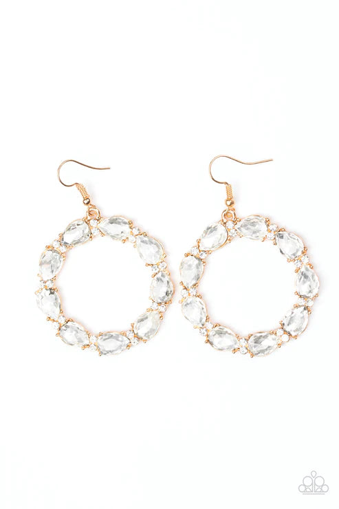 Ring Around The Rhinestones - Oversized Gold/White Encrusted Circle Teardrop Hoop Earrings E#5826