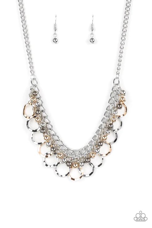 Ring Leader Radiance - Multi (Gold/Gunmetal/Silver) Hammered interlocking Chain Rings Fringe Necklace N#4194