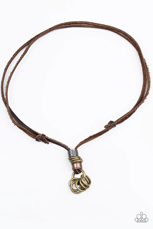 Ringmaster - Oversized Brown/Brass Antiqued Rugged Metallic Accent Leather Sliding Knot Closure Urban Necklace N#6337