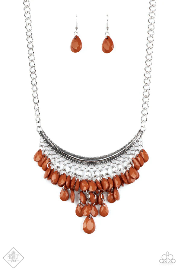 Rio Rainfall - Cinnamon Stick Brown Bowing Teardrop Fringe Necklace N#6933