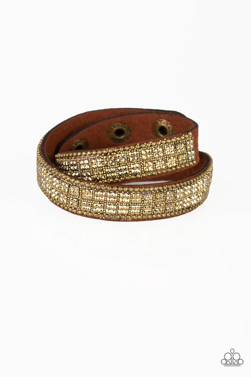 Rock Band Refinement - Brass Infused Ball Chain Aurum Encrusted Brown Suede Cube Pattern Edgy Elongated Double Wrap Adjustable Snap Closure Bracelet B#6173