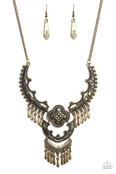 Rogue Vogue - Oversized Brass Antiqued Plates Elaborate Dotted Floral Tribal Fringe Necklace N#3442