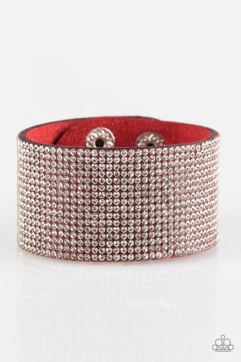 Roll With The Punches - Red Oversized Encrusted Suede Adjustable Snap Closure Bracelet B#3914