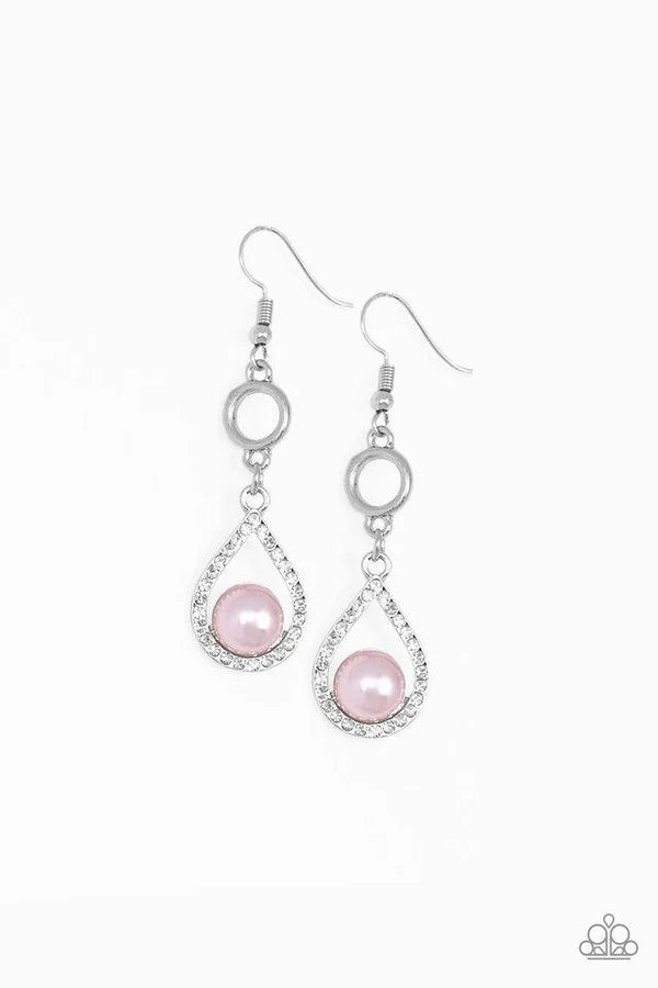 Roll Out The Ritz - Pink Infused Round Pearl Nestled Encrusted Teardrop Refined Earrings E#6798