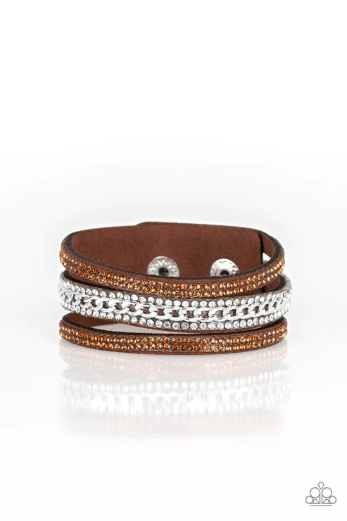 Rollin In Rhinestones - Brown Topaz Chain Encrusted Suede Bracelet B#6159