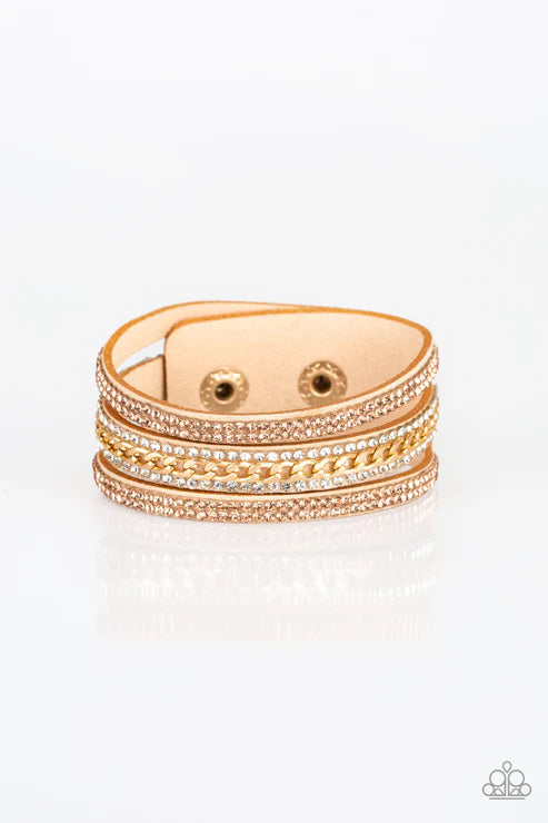 Rollin In Rhinestones - Gold Chain Encrusted Suede Bracelet B#5418