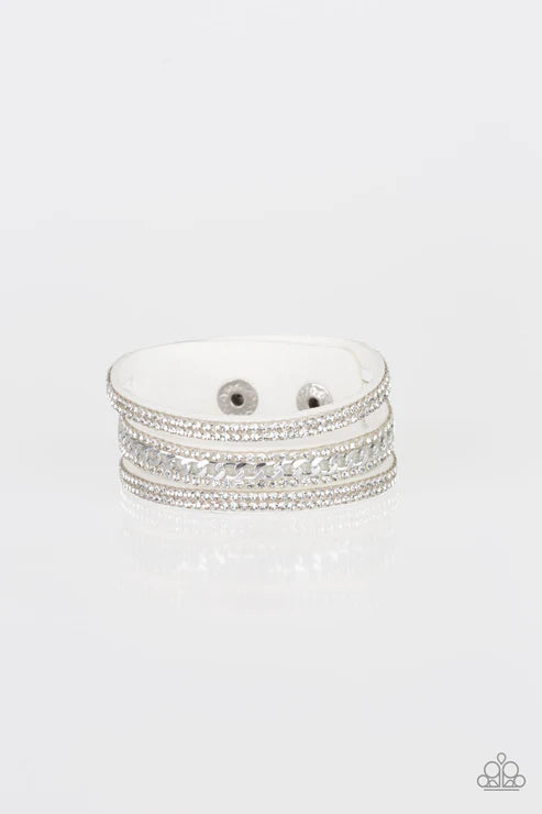 Rollin In Rhinestones - White Chain Encrusted Suede Bracelet B#6573