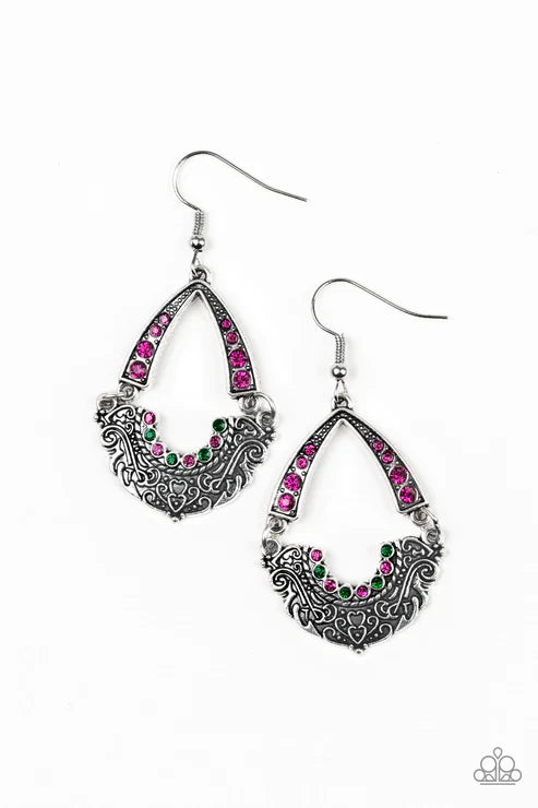 Royal Engagement - Multi (Green/Pink) Encrusted Arc Link Filigree Earrings E#3061