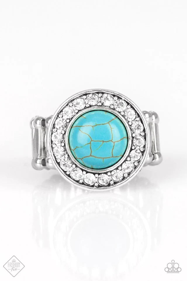 Rugged Radiance - Blue Stone Round Silver Frame Radiating White Encrusted Earthy Refined Ring R#5465