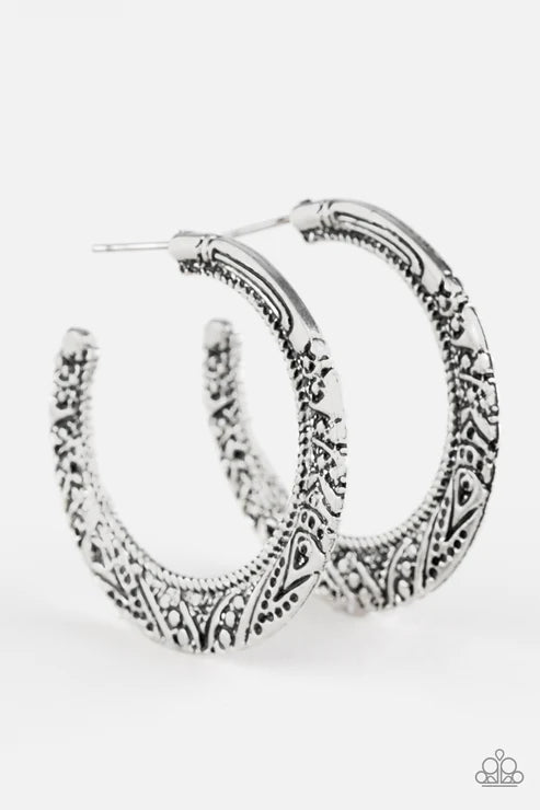 Rumba Rendezvous - Silver Stamped Tribal Curled Hoop Earrings E#3392