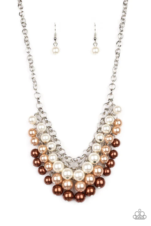 Run For The HEELS! - Brown Multi (White/Light Brown/Dark Brown) Pearl Cascade Cluster Fringe Necklace N#3834