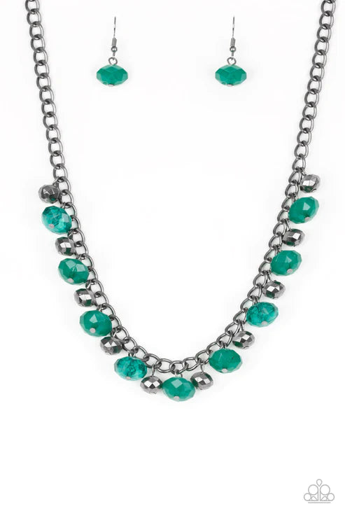 Runway Rebel - Green/Gunmetal Cloudy/Glassy Faceted Crystal Fringe Necklace N#4014