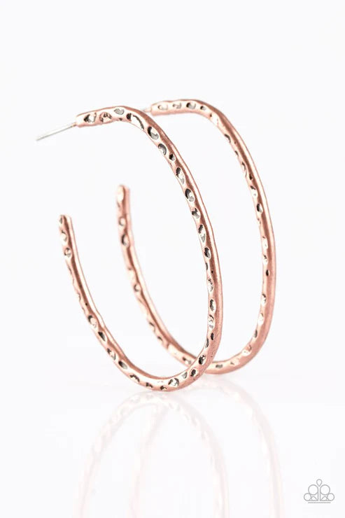 Rural Rambler - Oversized Copper Hammered Antiqued Textures Curled Asymmetrical Rural Hoop Earrings E#3183