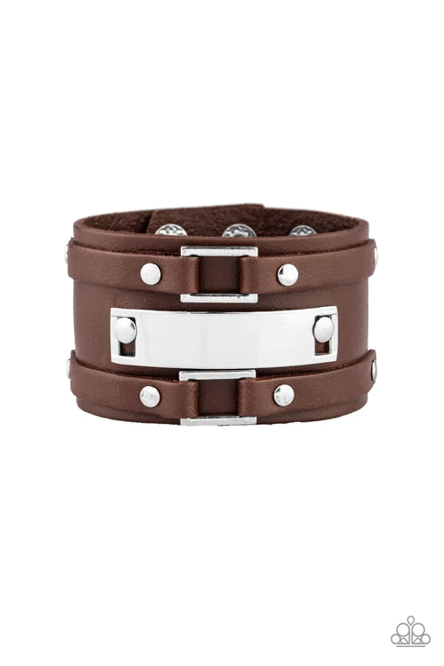 Rural Ranger - Oversized Brown Studded Abstract Buckle Leather Adjustable Snap Closure Urban Bracelet B#4740