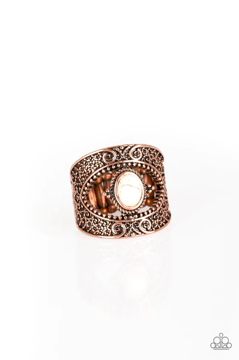 Rural Relic - Copper/White Embossed Filigree Stone Ring R#5348