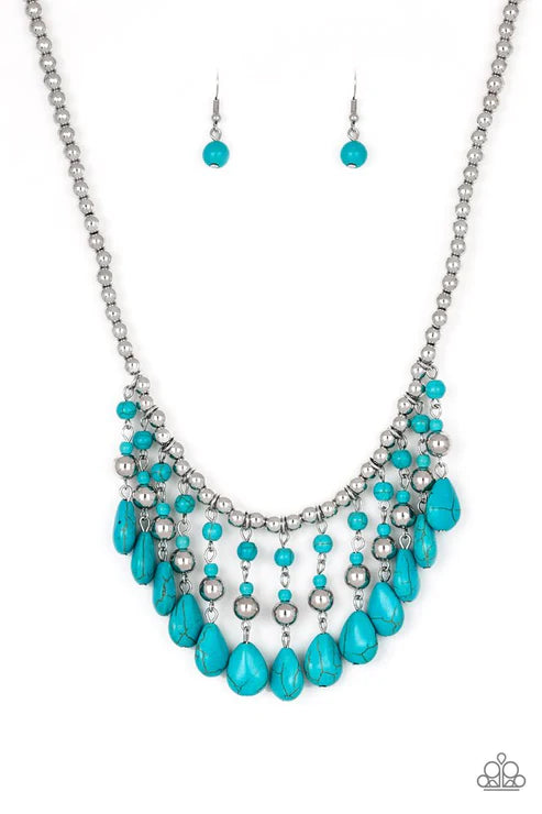 Rural Revival - Blue Teardrop Stone Accent Fringe Necklace N#2740