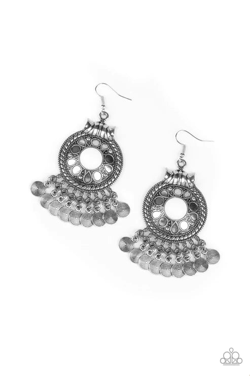 Rural Rhythm - White Floral Stamped Textured Discs Dangle Whimsical Fringe Earrings E#4136