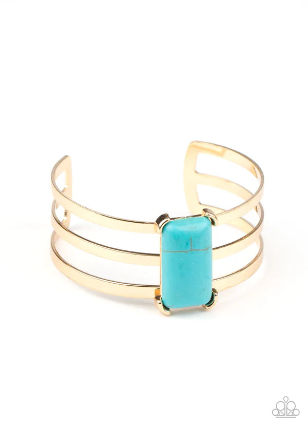 Rural Recreation - Gold/Blue Stone Rectangle Cuff Bracelet B#7003