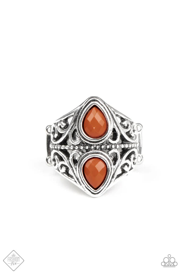 Rural Revel - Brown (Cinnamon Stick) Duo Back-to-Back Teardrop Beads Stacked Silver Filigree whimsical Centerpiece Ring R#6934
