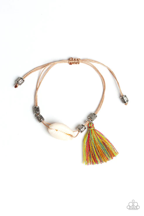 SEA If I Care - Multi Infused Antiqued Multicolored Threaded Tassel White Sea Shell Slide Along Stripes Cord Adjustable Sliding Knot Bracelet B#3064