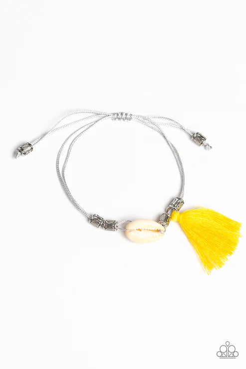 SEA If I Care - Yellow Infused Antiqued Threaded Tassel White Sea Shell Slide Along Stripes Cord Adjustable Sliding Knot B#3509
