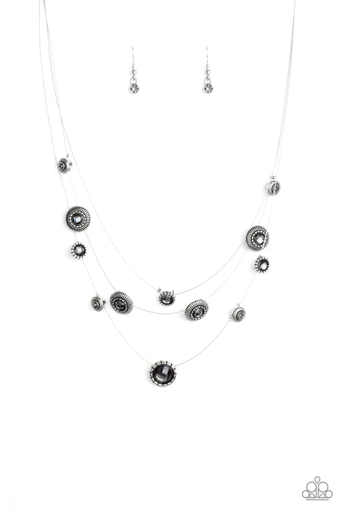 SHEER Thing! - Smoky Silver Ornate Dotted Encrusted Necklace N#3867