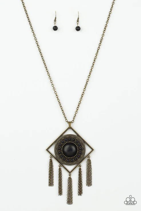 Sandstone Solstice - Oversized Brass/Black Airy Studded Round/Square Nestled Stone Tribal Chain Fringe Necklace N#1470