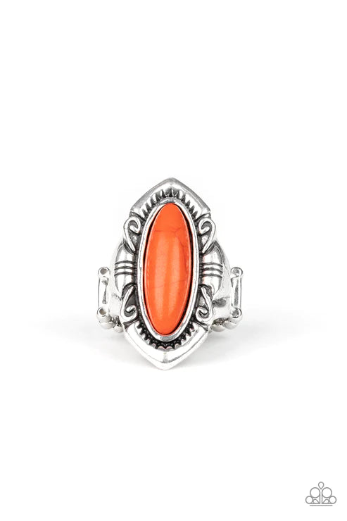 Santa Fe Serenity - Oversized Orange Oblong Stone Antiqued Swirling Tribal Ring R#5798