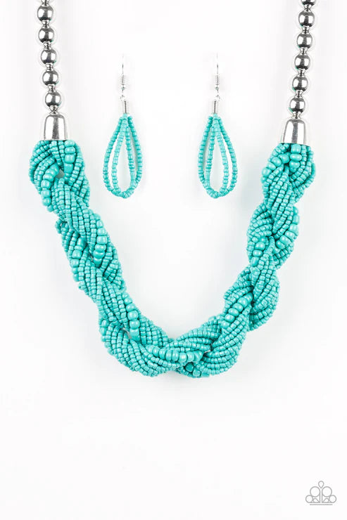 Savannah Surfin - Oversized Blue Twisted Double Strand Seed Bead Necklace N#6530