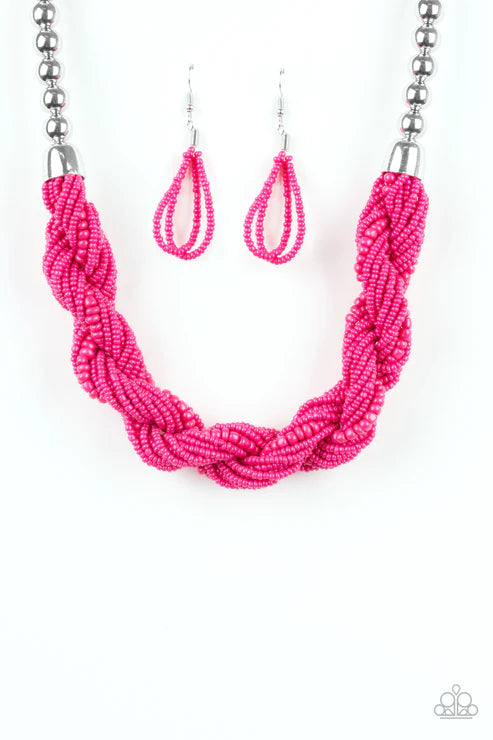 Savannah Surfin - Oversized Pink Twisted Double Strand Seed Bead Necklace N#4978