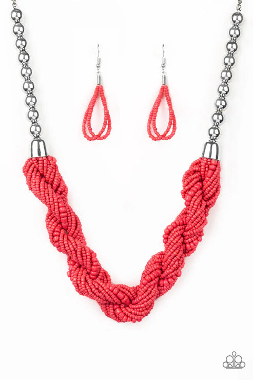 Savannah Surfin - Oversized Orange (Coral) Twisted Double Strand Seed Bead Necklace N#3684