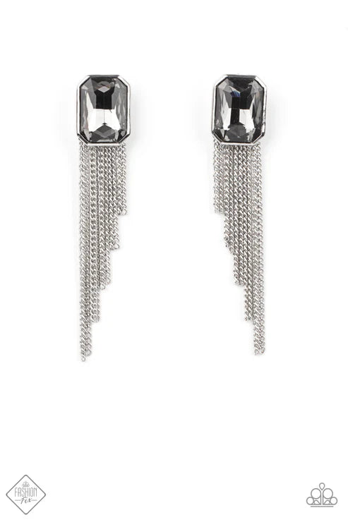 Save for a REIGNy Day - Oversized Silver Tapered Chains Stream Smoky Emerald Cut Gem Regal Fringe Earrings E#7369