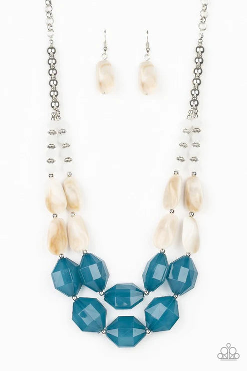 Seacoast Sunset - Oversized Blue/White Opaque Cloudy Faceted Crystal Accent Necklace N#3165