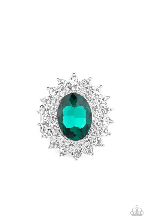 Secret Garden Glow - Green Dotted White Encrusted Silver Petals Bloom Faceted Gem Refined Centerpiece Ring R#2523