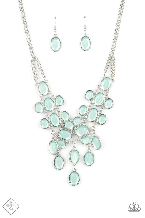 Serene Gleam - Blue Dewy Array Oval Cut Blue Tint Gems Interconnect Bubbly Bib Necklace N#7391
