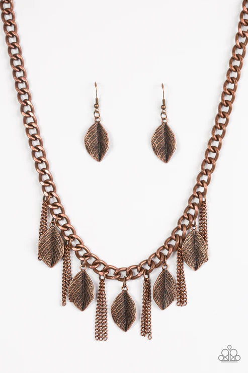 Serenely Sequoia - Copper 3D Leaf Textured Tassel Fringe Necklace N#3792