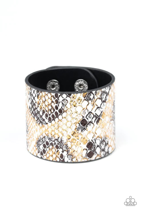 Serpent Shimmer - Oversized Multi (Gold/Black/White) Shiny Wild Python Serpent Print Leather Wrap Adjustable Snap Closure Bracelet B#6172