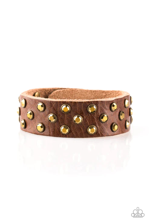 Shine On You Crazy Diamond - Brass/Brown Aurum Encrusted Leather Bracelet B#4195