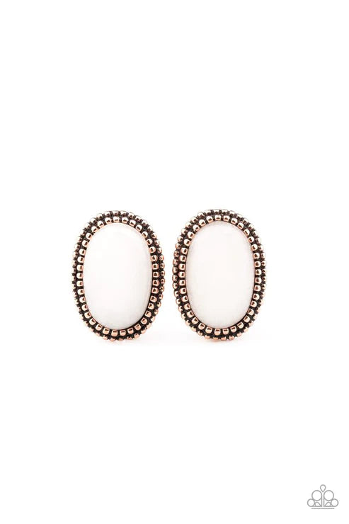 Shiny Sediment - Copper/White Studded Frame Spins Glassy Stone Earrings E#2852